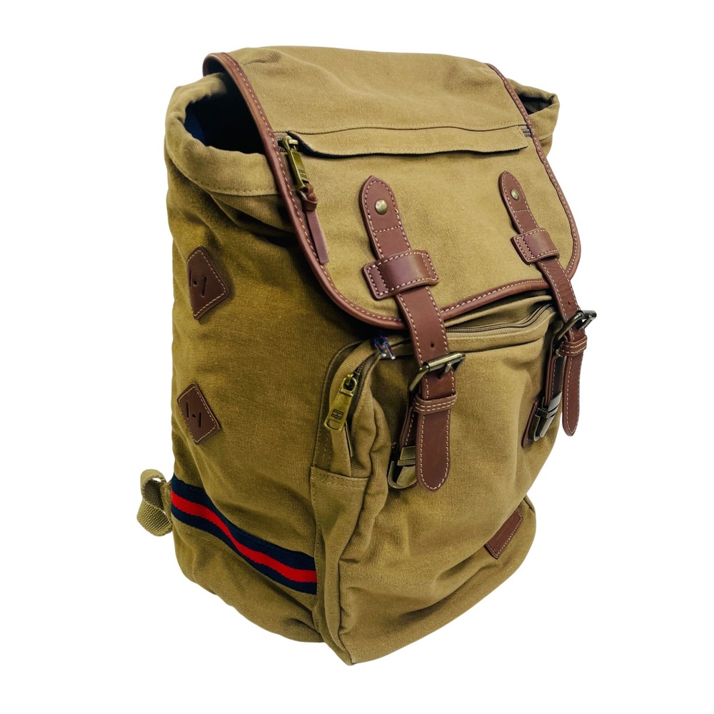 Tommy Hilfiger Canvas Rucksack Backpack Khaki Tan Brown Leather Trim Laptop Bag